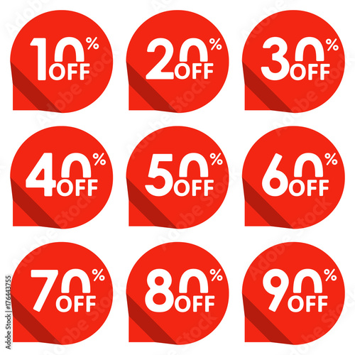 Sale tag set. 10,20,30,40,50,60,70,80,90 percent off. Price off and discount tag design elements. Vector illustration.