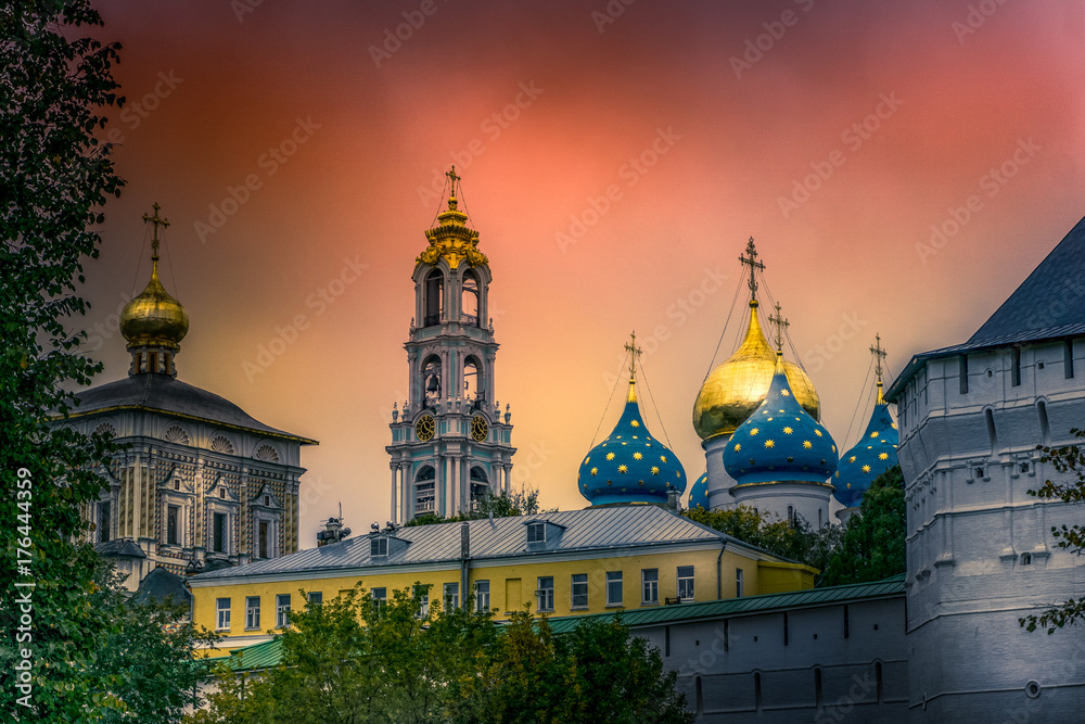 Skyline of monastery in Russia at sunset
