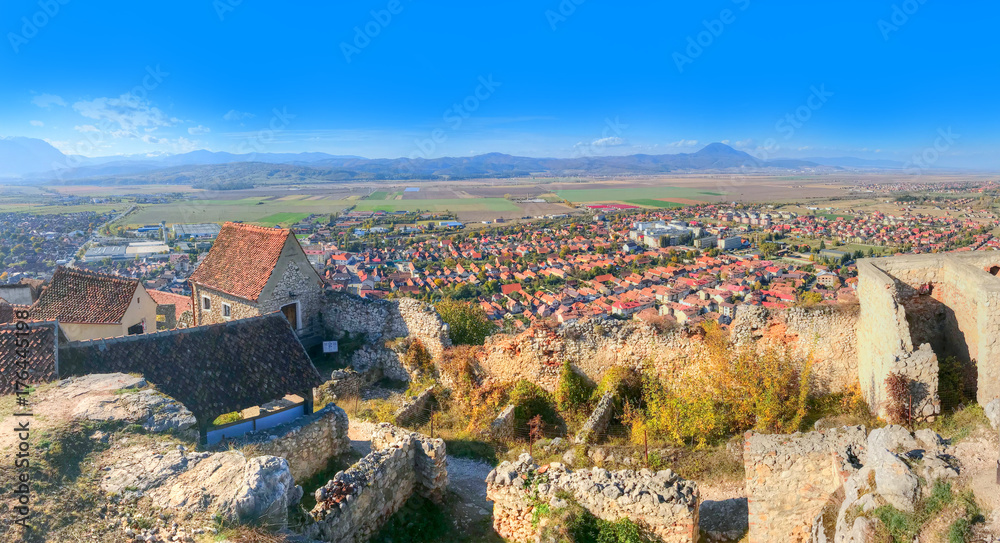Aerial view over the old city of Rasnov, medieval citadel of Transylvania in Romania, Europe