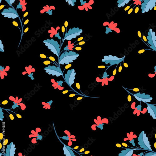 Seamless floral pattern. Small branches with flowers and berries and leaves on a black background. Prints for textiles.