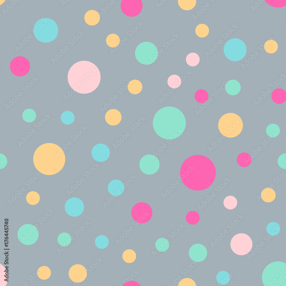 Colorful polka dots seamless pattern on bright 3 background. Charming classic colorful polka dots textile pattern. Seamless scattered confetti fall chaotic decor. Abstract vector illustration.