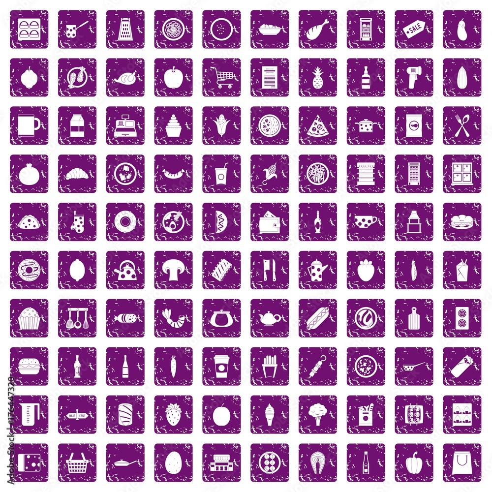 100 lunch icons set grunge purple