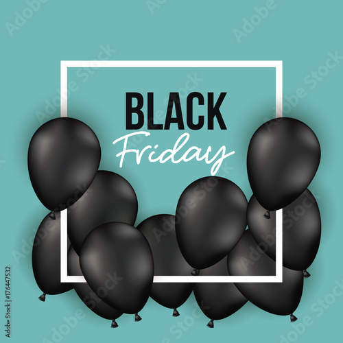 black friday poster with white frame with black balloons and aquamarine color background
