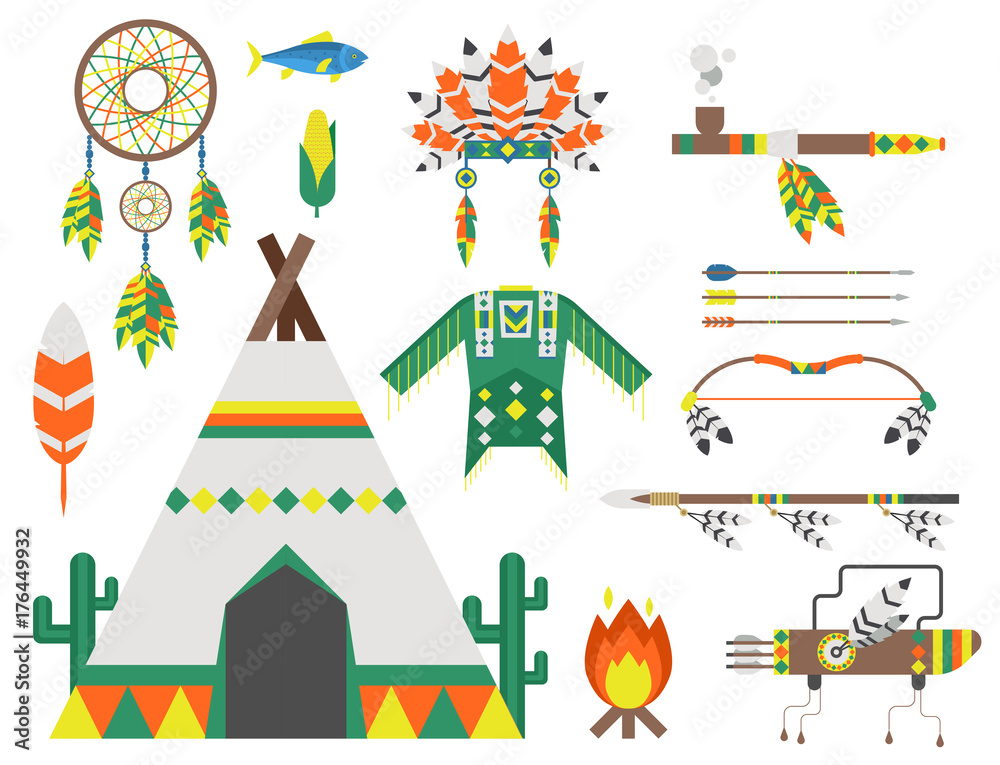 Wild west american indian designed element traditional art concept and native tribal ethnic feather culture vector illustration.