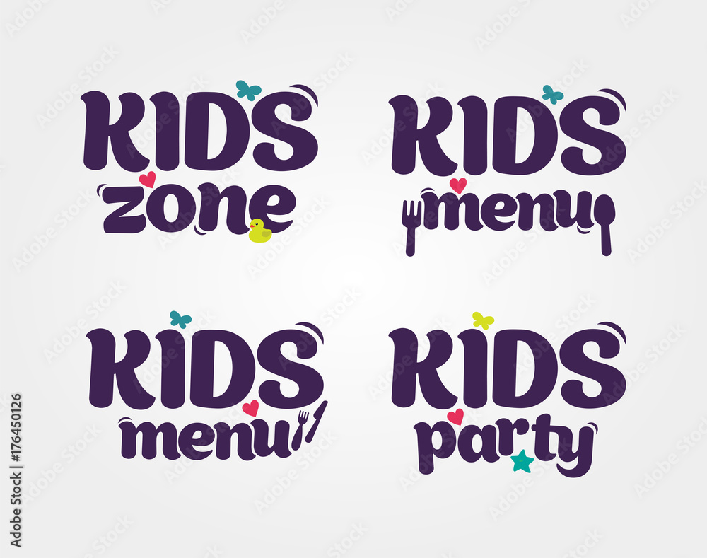 Kids Party, Zone, Menu design poster template. Children Playground. Colorful logos. Vector illustration.