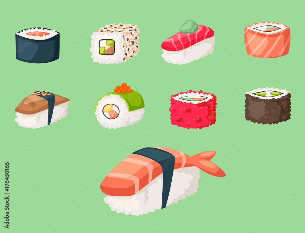 Sushi japanese cuisine traditional food flat healthy gourmet icons asia meal culture roll vector illustration. Sushi japanese cuisine traditional food flat healthy gourmet icons asia meal culture roll vector illustration.
