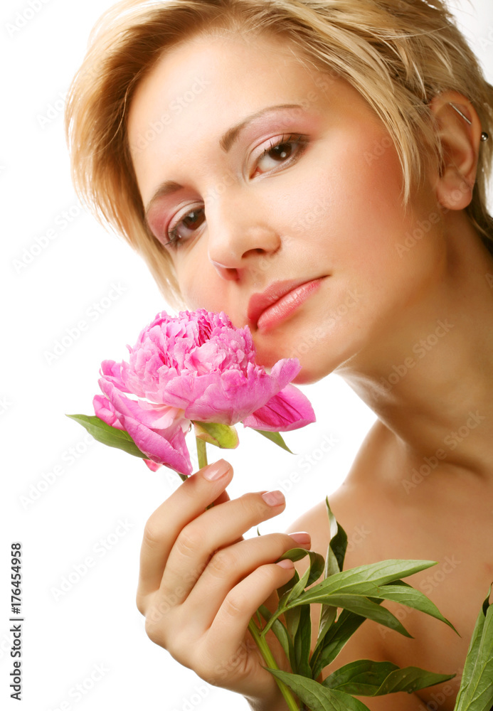 young woman with tree-peony flower young woman with tree-peony flower