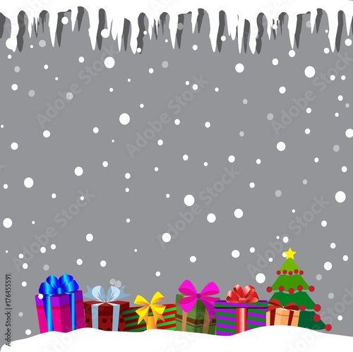 Vector illustration of gifts in snowy background with christmas tree and icicles and space for text. Border, frame, template.