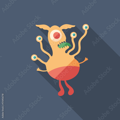 Droll monster flat square icon with long shadows.