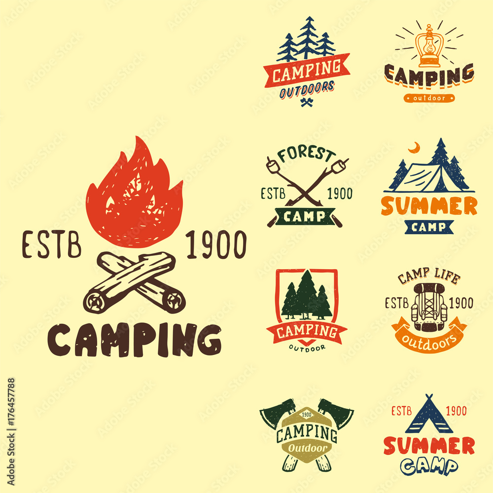 Naklejka premium Set of vintage woods camp badges and travel logo hand drawn emblems nature mountain camp outdoor vector illustration.