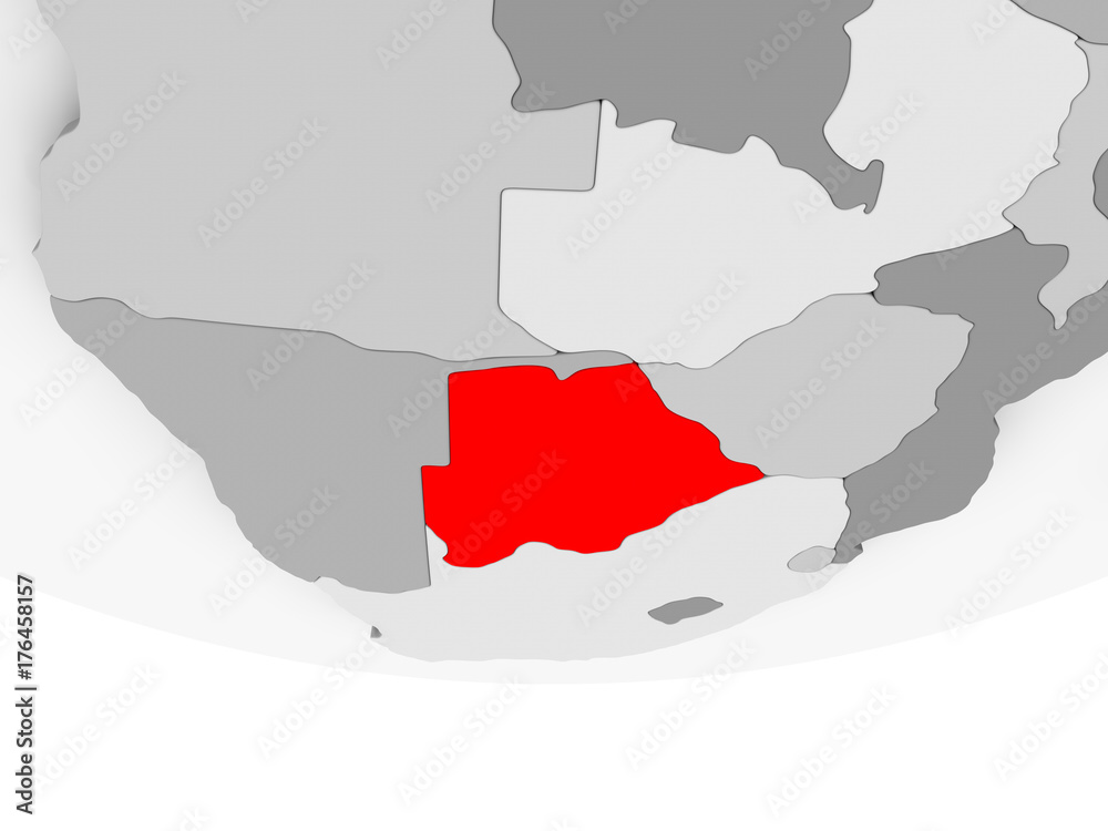 Map of Botswana on grey political globe