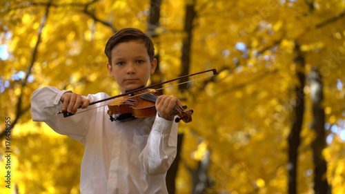 young guy playing the violin in the autumn park.