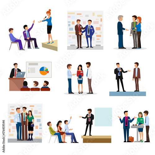 Business people groups presentation to investors conferense teamwork meeting characters interview vector illustration.