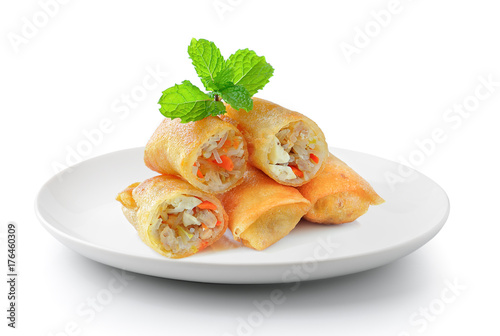Fried Chinese Traditional Spring rolls food in a plate isolated on a white background