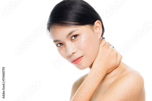 Beautiful woman face close up portrait studio on white background