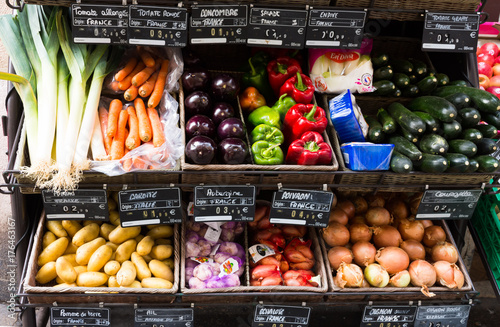 French Vegetable Stand with aubergine, onions, shallots, endive, leeks, carrots, peppers, zucchini and potatoes for sale. photo