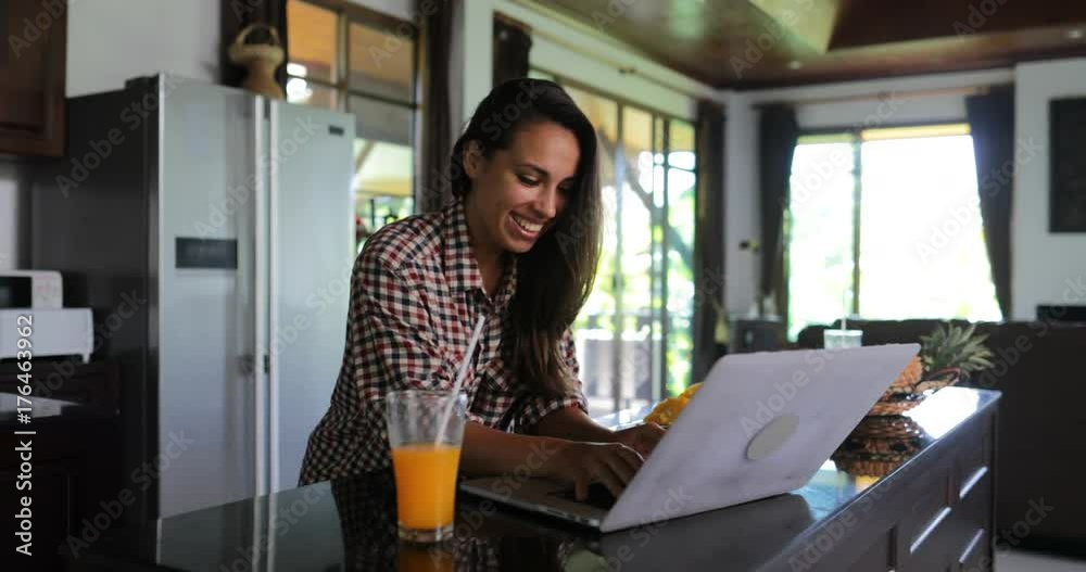Girl Use Laptop Computer In Kitchen Chatting Online Young Woman Studio Modern House Interior Slow Motion 60 Girl Use Laptop Computer In Kitchen Chatting Online Young Woman Studio Modern House Interior Slow Motion 60
