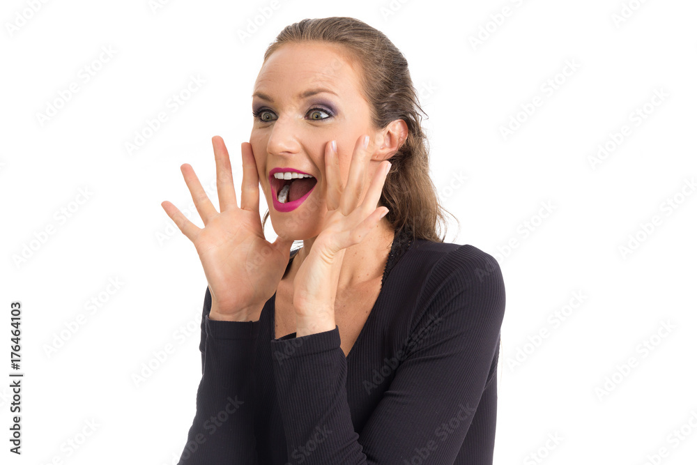 Cheerful woman screams. She has green eyes. Isolated on white background.. Cheerful woman screams. She has green eyes. Isolated on white background..