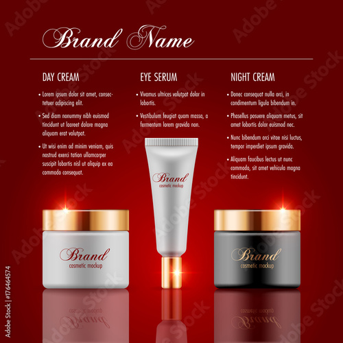 Set of cosmetic products on red background. Packaging template. Vector illustration
