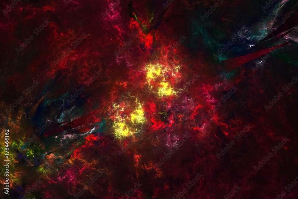 Fototapeta premium Abstract colorful sparkling shapes on black background. Fantasy fractal texture in dark green, red and yellow colors. 3D rendering.