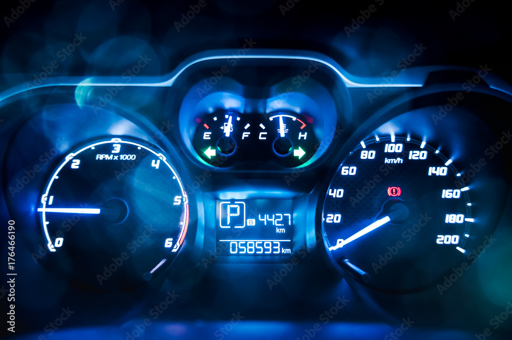 Dashboard. Close up of car speed meter.