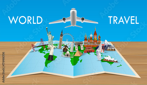 landmark on world map with flying airplane