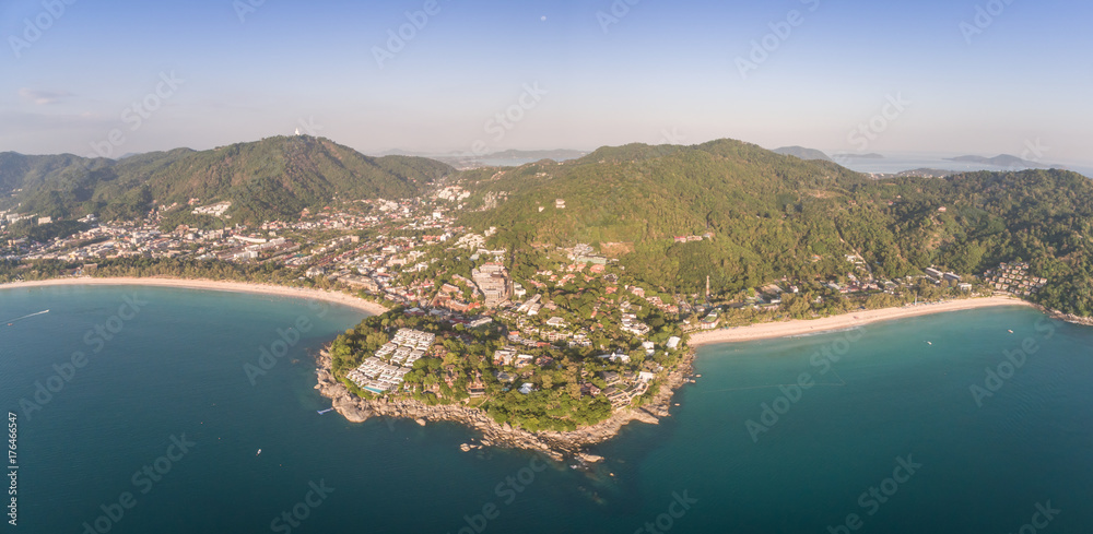 High Aerial Panorama Over Kata And Kata Noi Beaches And Headland, Phuket, Thailand