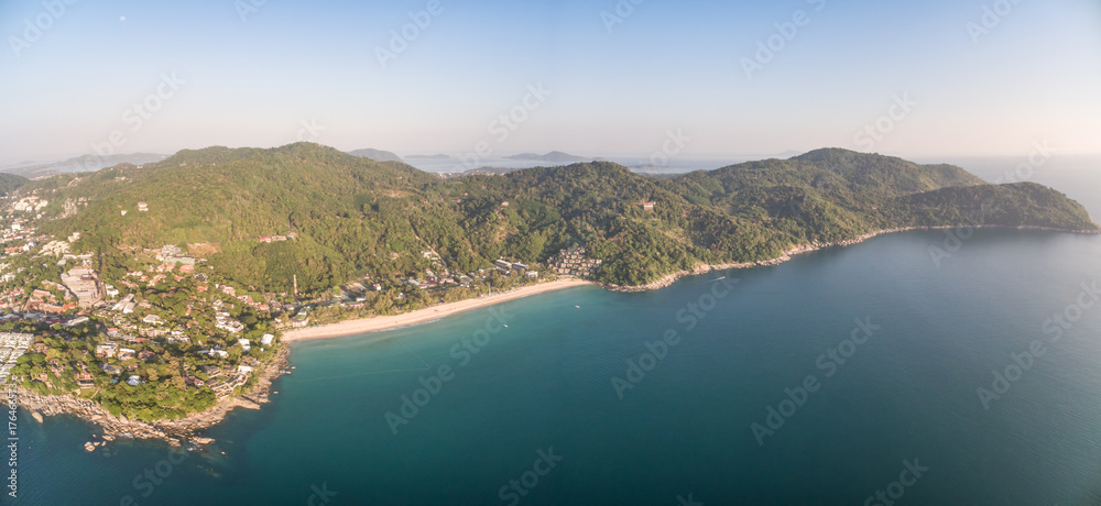 Kata Noi Beach and Hills To Promthep Cape, Phuket, Thailand, Aerial Drone Panorama
