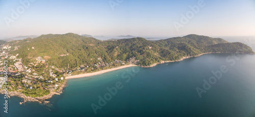 Kata Noi Beach and Hills To Promthep Cape, Phuket, Thailand, Aerial Drone Panorama