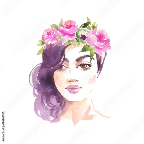 Girl in wreath. Romantic watercolor illustration. Female face, watercolor painting