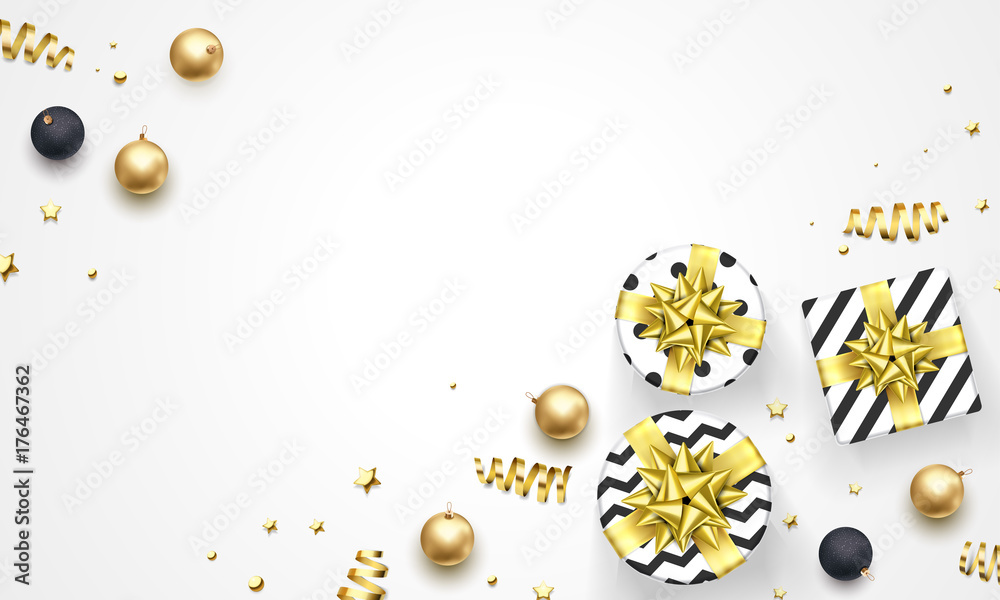 Fototapeta Christmas or New Year golden decorations, gifts in ribbon bow and gold confetti white background. Vector premium design template for Christmas winter holiday greeting card or sale and party poster