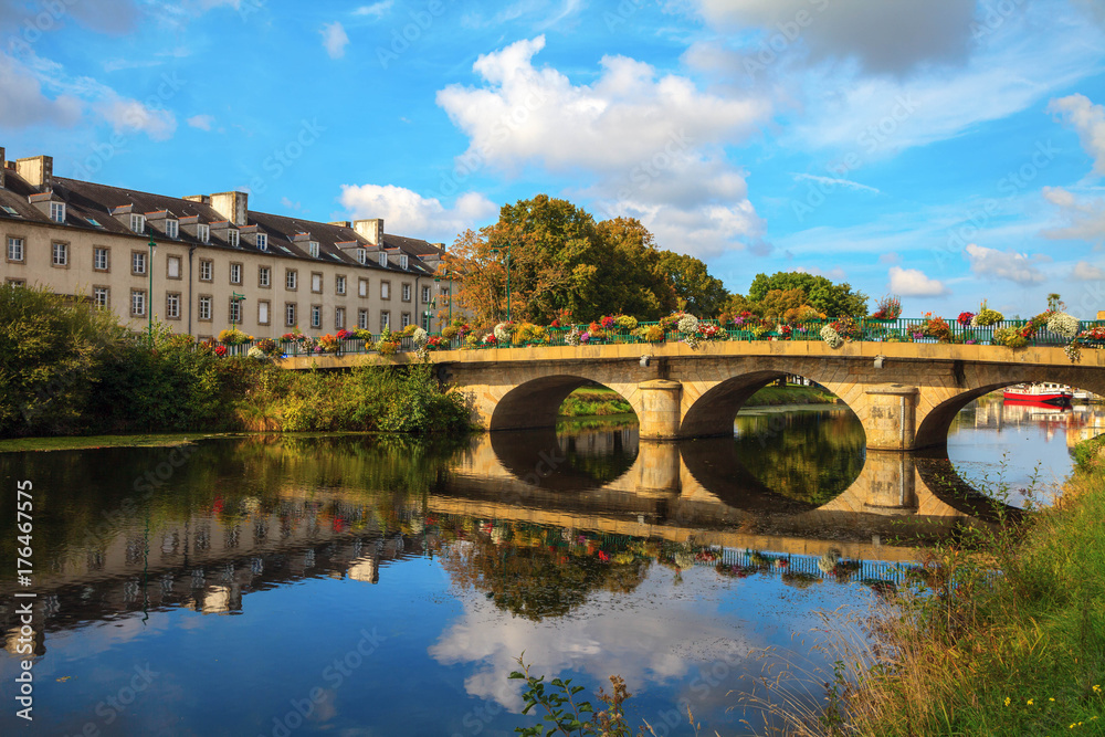 reflection of bridge on Nantes Brest canal in Pontivy Brittany France