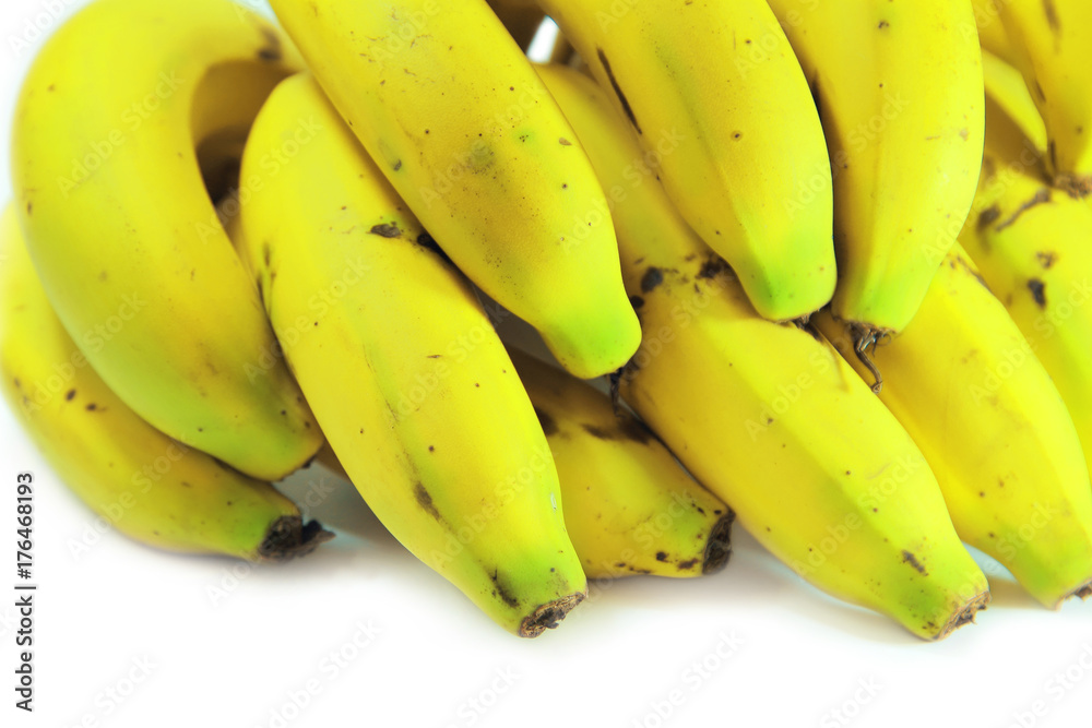 close up cavendish banana or bunch banana ripe yellow and delicious isolated on white background