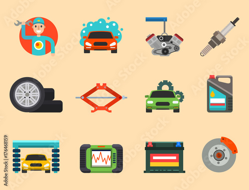 Auto car repair service symbols isolated shop worker maintenance transportation automotive mechanic vector illustration.