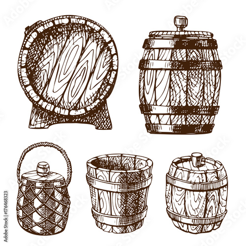 Wooden barrel vintage old hand drawn sketch storage container liquid beverage fermenting distillery cargo drum lager vector illustration.