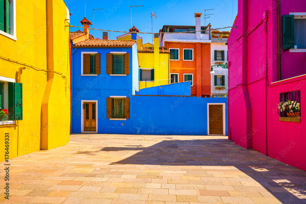 Venice landmark, Burano island square and colorful houses, Italy