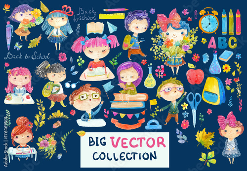 Welcome back to school! Cute watercolor school kids