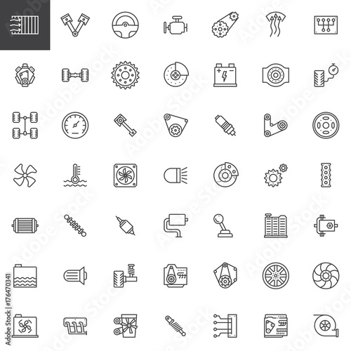 Car parts line icons set, outline vector symbol collection, linear style pictogram pack. Signs, logo illustration. Set includes icons as engine, tire, gear, radiator, suspension,transmission, gasoline