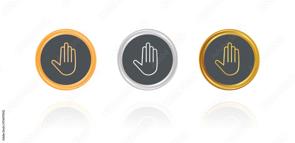 Handfläche - Verbot - Bronze, Silber, Gold Buttons Handfläche - Verbot - Bronze, Silber, Gold Buttons