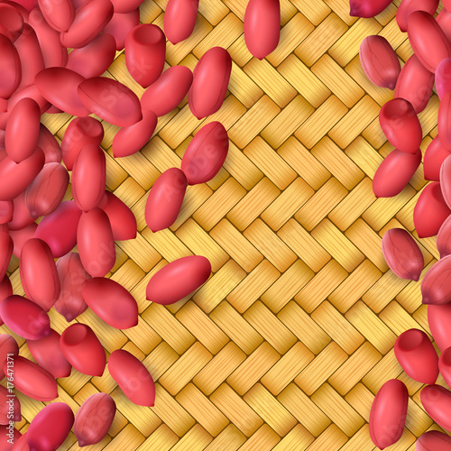 Arachis or peanuts background with red scattered nuts and beans