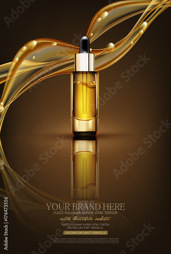 Vector glass vial with professional facial serum on  the background of waves and bubbles. Template cosmetic products with oil Q10. Element for design, advertising, promotion of cosmetic