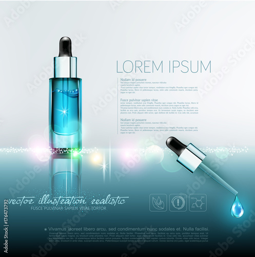 Vector glass vial with professional facial serum with a pipette on  the blured  background .Template cosmetic products with oil Q10. Element for design, advertising, promotion of cosmetic