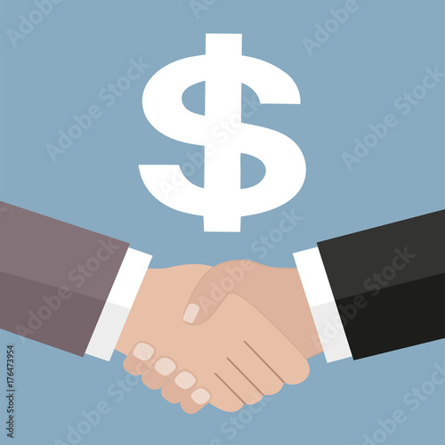 Business meeting of partnership and successful businessmen shaking hands after a good deal with a dollar sign on a sunray background.Business success concept.