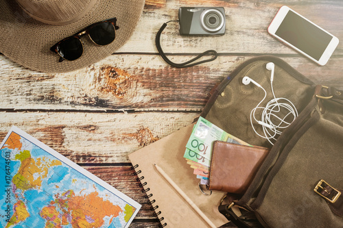 Traveler items vacation travel accessories holiday long weekend day off travelling stuff equipment background view concept