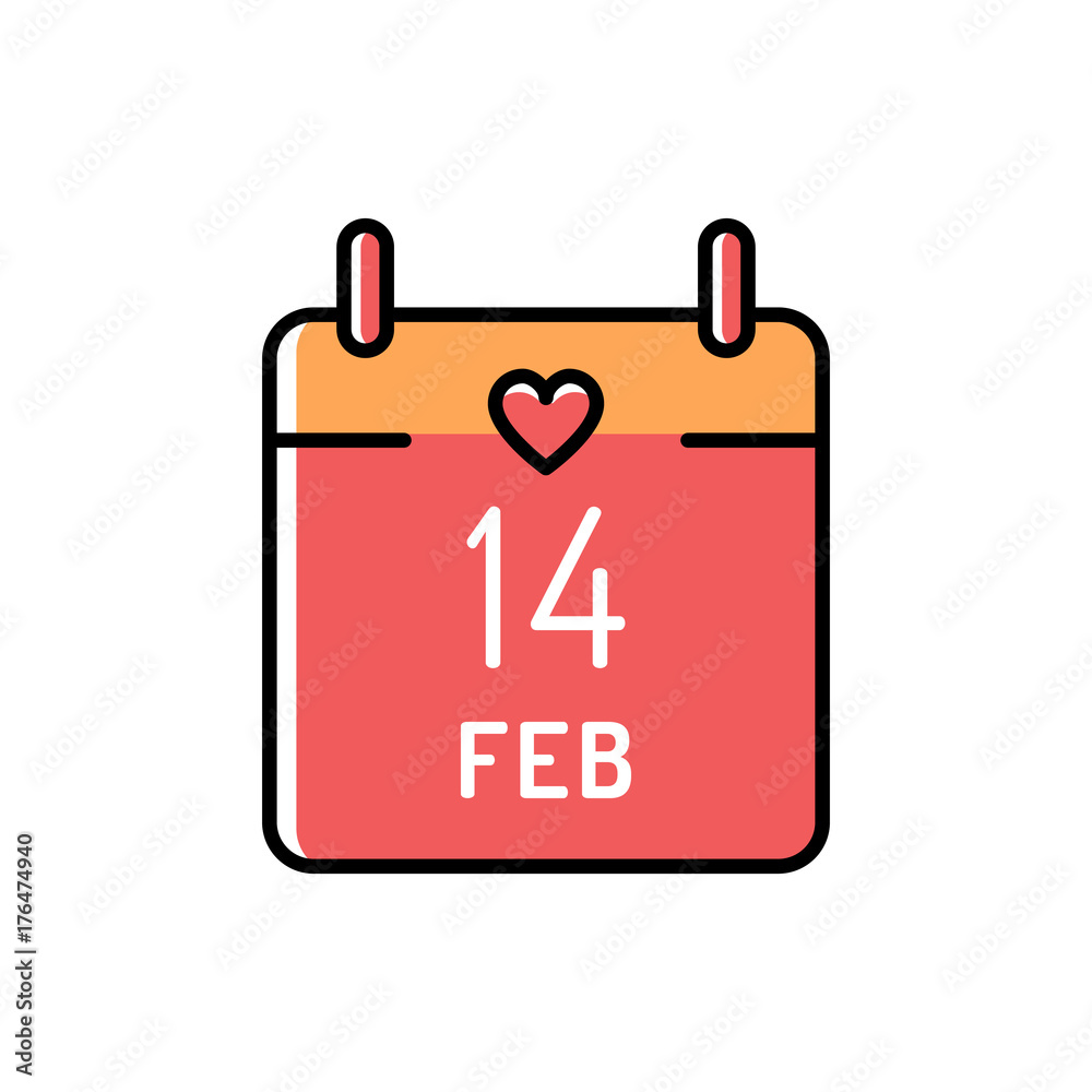 Calendar icon 14 February Valentines day. Love colorful symbol. Line art design, Vector flat illustration