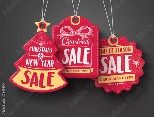 Red Christmas sale paper tags vector set with different shapes and hand drawn elements in red color hanging with discount text for christmas holiday shopping promotion. Vector illustration.
