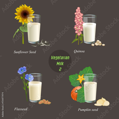 Four types of vegetarian milk part two / There are glasses with milk from sunflower seeds, quinoa, flax seed and pumpkin seed
