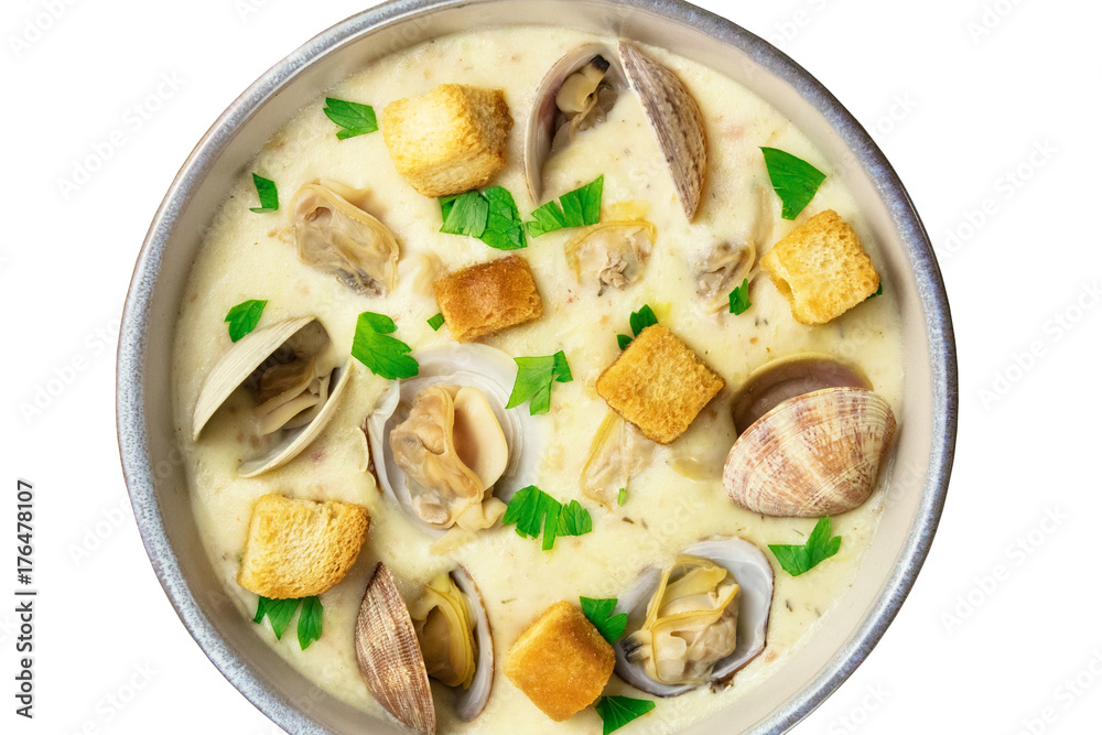 Bowl of clam chowder soup, overhead closeup, isolated