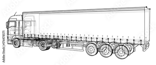 Car Delivery Semi Truck Trailer. Wire-frame. EPS10 format. Vector rendering of 3d.