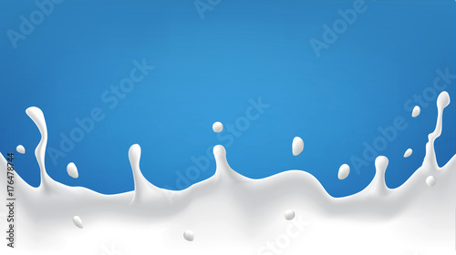Vector milk splash with splashes isolated on a blue background. Element for design, advertising, promotion of dairy products.